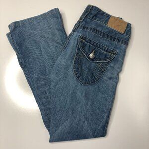 𝅺TRUE Religion 90s Low Rise Style Bootcut Medium Wash Blue Denim Jeans SIZE 25
